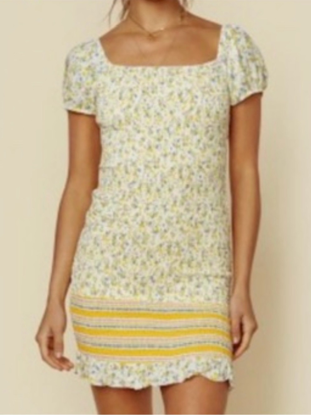 Lost + Wander White Mini Dress with Yellow Stripe and Floral Print